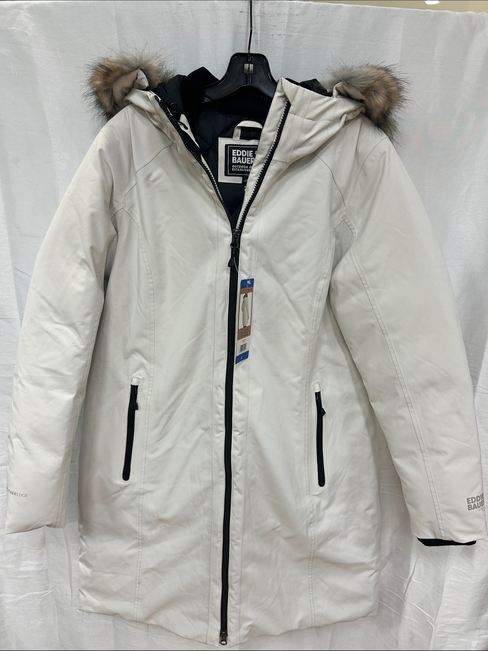 Eddie Bauer Women's Light White Winter Parka Coat with Faux Fur Trim